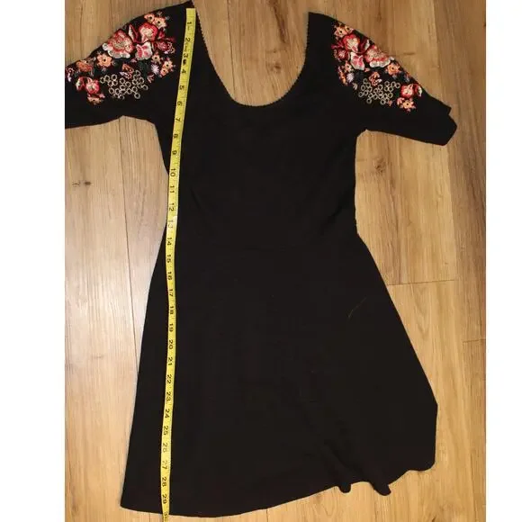 Free People Black Fit and Flare Skater Dress Embroidered  Sleeves Scoop Back S - Picture 8 of 8